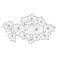 Kazakhstan map of polygonal mosaic lines network, rays and dots vector illustration.