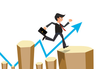 Businessman jumps the obstacle with arrow graph