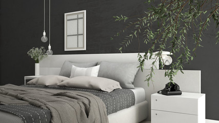 Modern bedroom with big olive tree, concrete wall, minimalist interior design