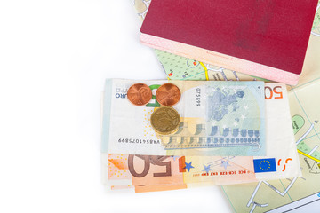 Money (Euro), passport and map on a white background. Space for text