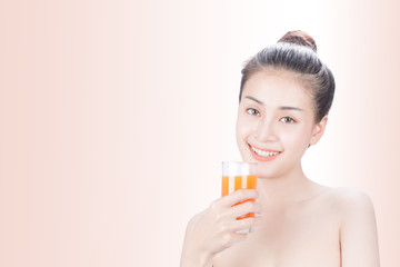 Women drink orange juice.