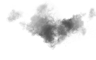 Black powder explosion. Closeup of black dust particles explode isolated on white background.