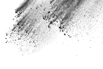Fototapeta na wymiar Black powder explosion. Closeup of black dust particles explode isolated on white background.
