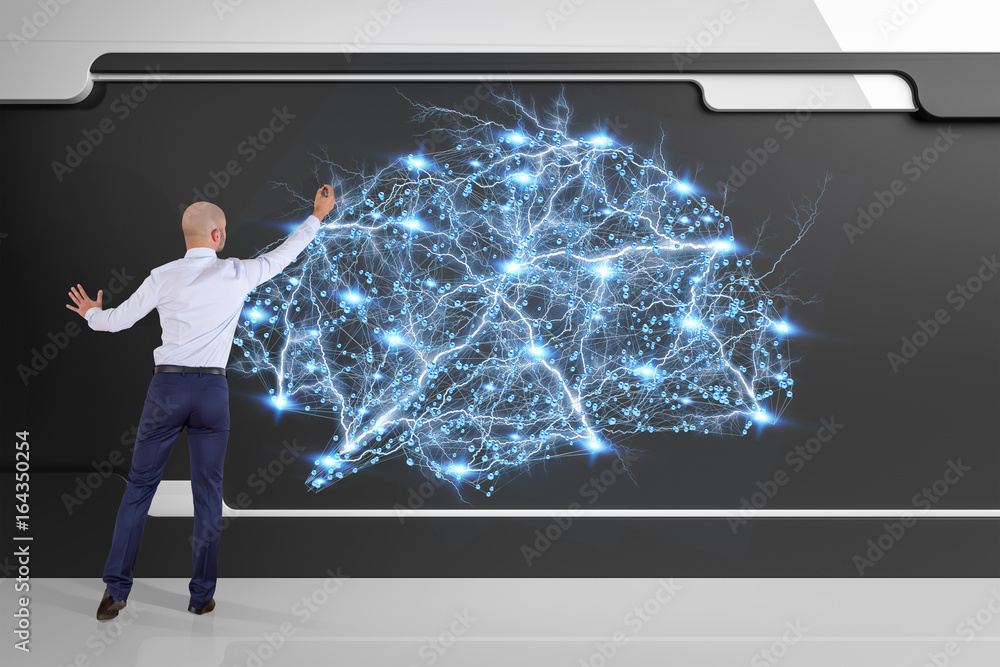 Poster Businessman using digital brain interface on a board 3D rendering