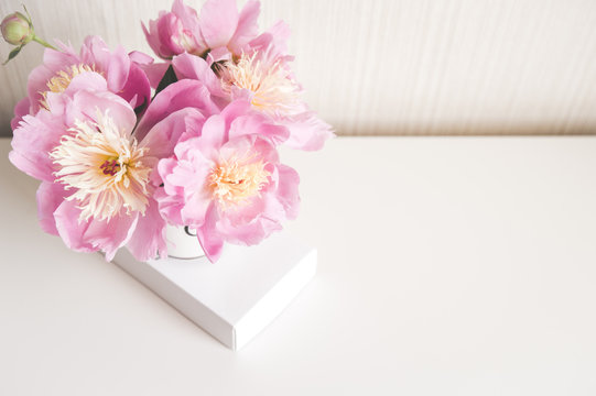 Bouquet of peonies,  photo in gentle colors. Good morning. Have a nice day! Place for text

