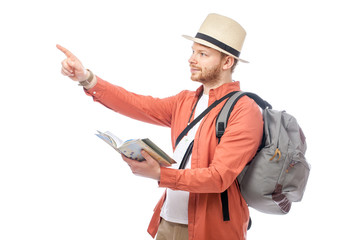 attractive tourist man smiling on white background