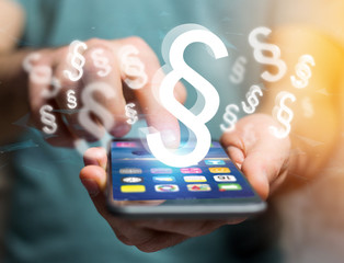 Justice and law symbol displayed on a futuristic interface - Technology and business concept