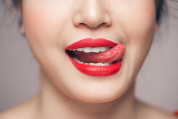 Obraz premium Red Sexy Lips closeup. Make up concept. Beautiful Perfect Lips.