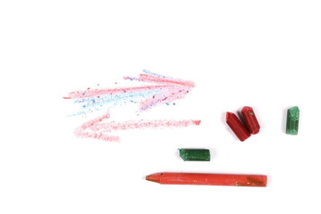 Grunge wax pastel crayons and drawings  isolated on white background