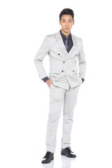 Full Length Snap Figure, Business Man Stand in Gray Suit pants a