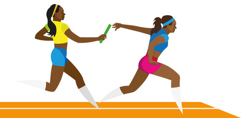 Two women is African American sprinters running relay race