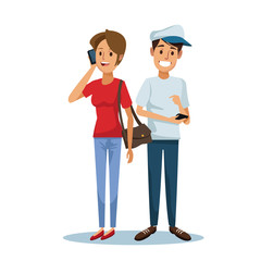 white background with woman and guy social network communication