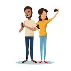 white background with brunette guy and woman taking a selfie social network communication