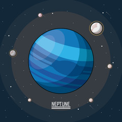 colorful poster of the planet neptune in the space with satellites around