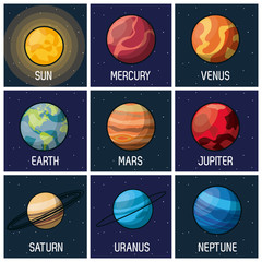 colorful background of frames with sun and planets of solar system © Jemastock