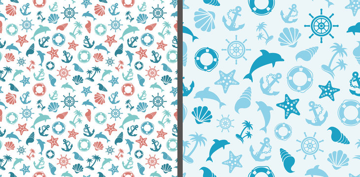 sea pattern with sea marine signs - dolphins, anchors, shells