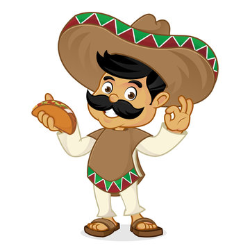 Mexican man cartoon holding taco