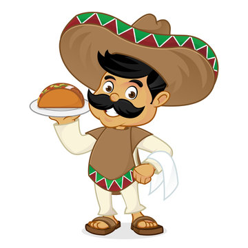 Mexican man cartoon serving taco
