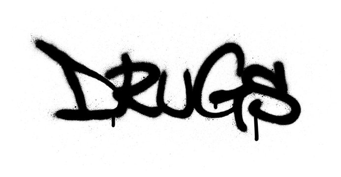 graffiti sprayed drugs word in black over white