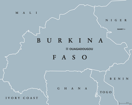 Burkina Faso political map with capital Ouagadougou. Landlocked country in West Africa, formerly the Republic of Upper Volta. Gray illustration with English labeling. Vector.