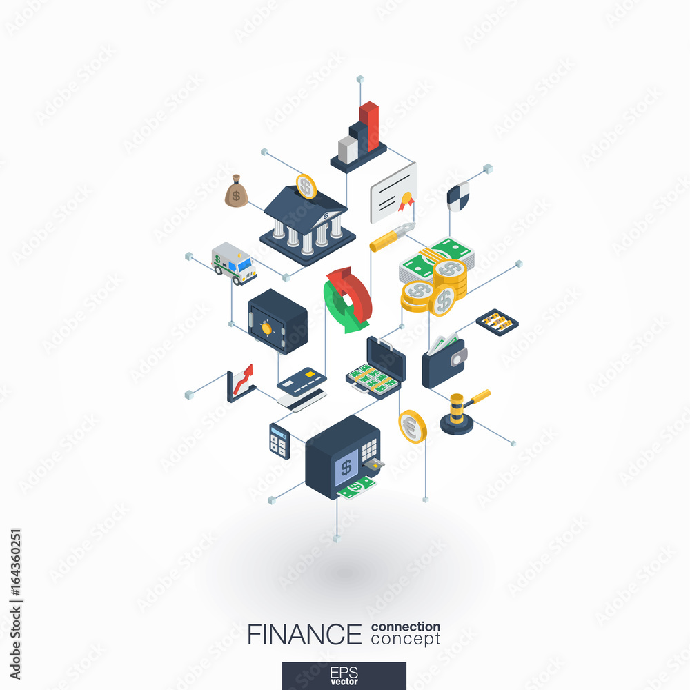 Poster finance integrated 3d web icons. digital network isometric interact concept. connected graphic desig