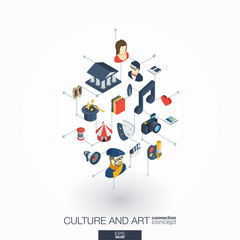 Culture, art integrated 3d web icons. Digital network isometric interact concept. Connected graphic design dot and line system. Background for theater artist, music, circus show bill. Vector on white.