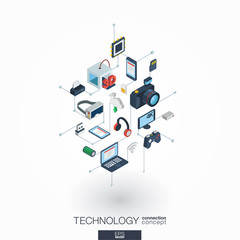 Technology integrated 3d web icons. Digital network isometric interact concept. Connected graphic design dot and line system. Background whith wireless printing and virtual reality. Vector on white.
