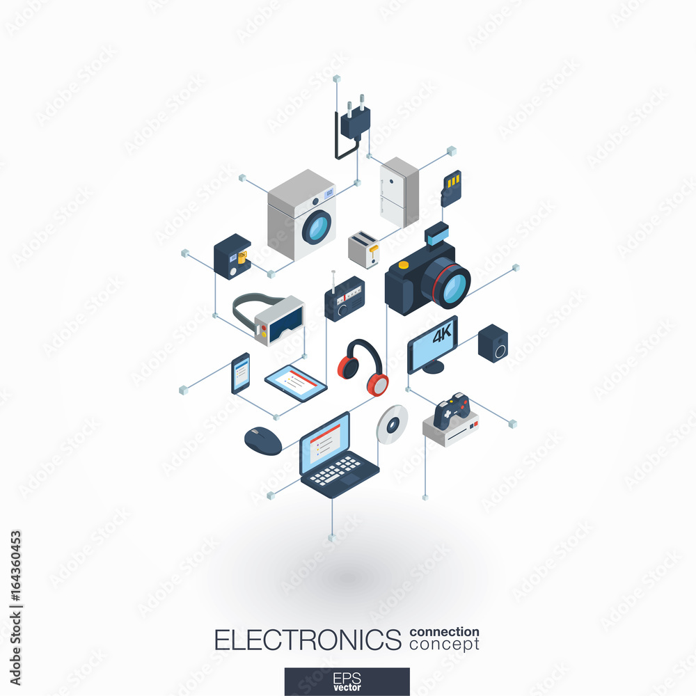Poster electronics integrated 3d web icons. digital network isometric interact concept. connected graphic d