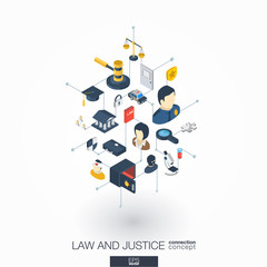 Law, justice integrated 3d web icons. Digital network isometric interact concept. Connected graphic design dot and line system. Abstract background whith lawyer, crime and punishment. Vector on white.