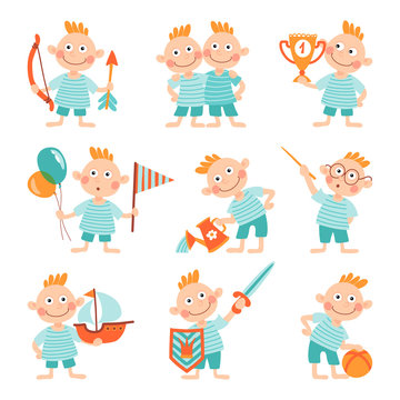 Set of illustrations with boys. Different types of activities