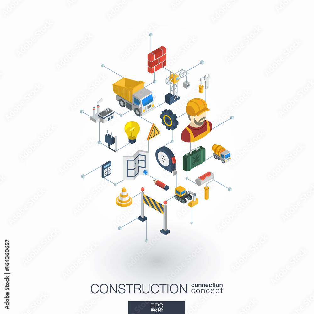 Poster construction integrated 3d web icons. digital network isometric interact concept. connected graphic 