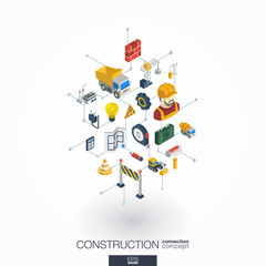 Construction integrated 3d web icons. Digital network isometric interact concept. Connected graphic design dot and line system. Abstract background for engineer, architecture, build. Vector on white.