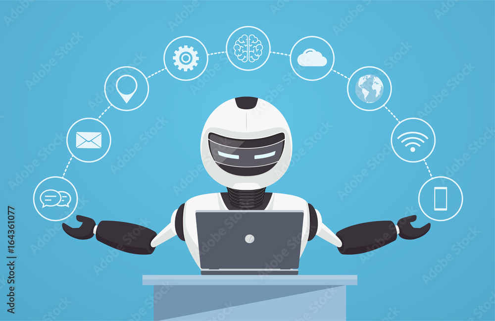 Poster chat bot, robot virtual assistance. robot sits behind a laptop with help icons around it. artificial
