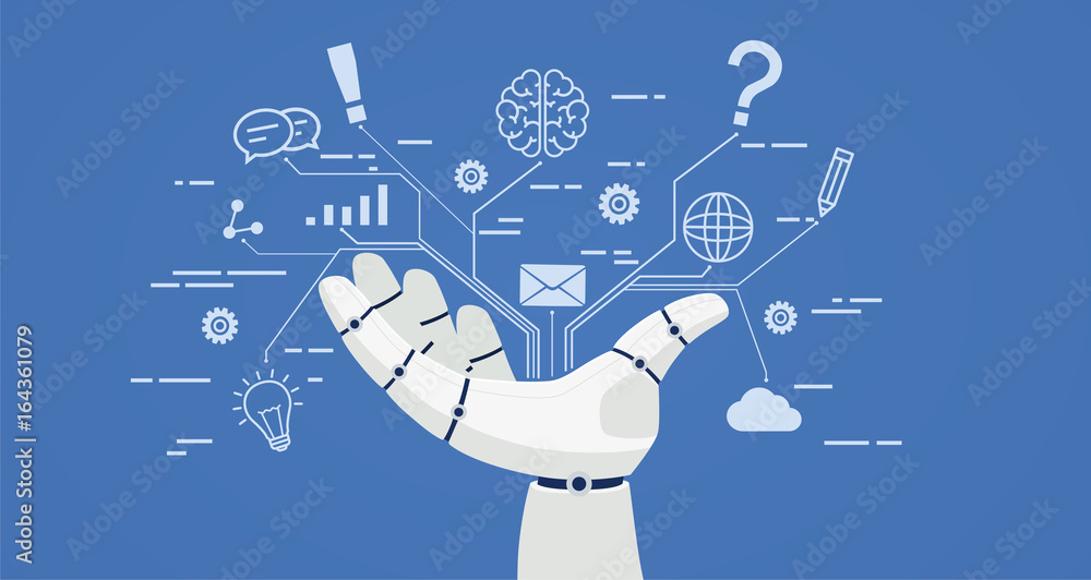Aufkleber chat bot, robot hand with icons. artificial intelligence concept online.