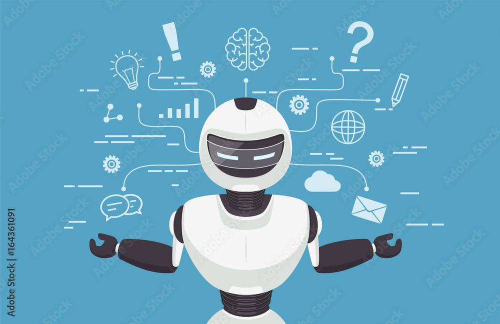 Poster chat bot, robot virtual assistance. artificial intelligence concept online.