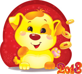 Cute Symbol of Chinese Horoscope - Yellow Dog with Golden Coins for the New Year 2018