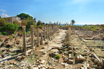 Remains of ancient columns at Al Mina excavation site in Tyre, Lebanon
