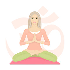 Fototapeta na wymiar Woman meditating in lotus pose. Girl with crossed legs. Yoga, sport and fitness. Vector illustration