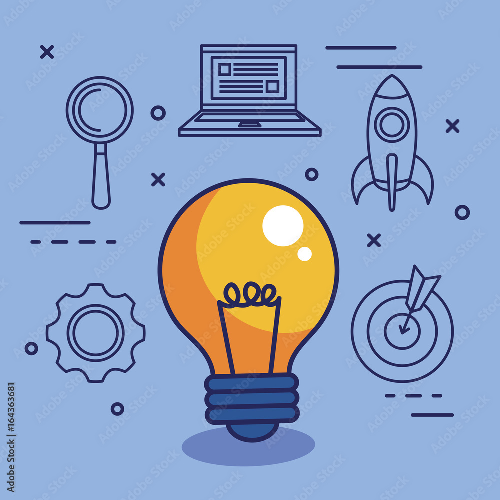 Poster light bulb and hand draw start up business related objects over blue background