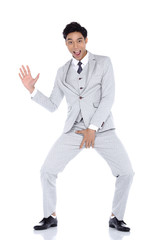 Gray Dot Suit Pant Businessman, Tan skin man acting funny pose, studio lighting white background isolated