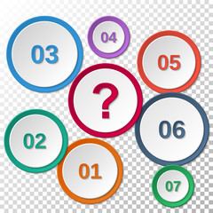 Set of colored paper templates with numbers and a question mark. Vector illustration of isolated 3d objects with drop shadow on transparent background
