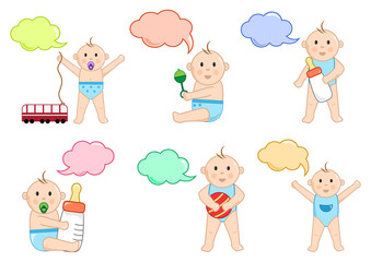 Children with toys and dialog box, color set, vector illustration