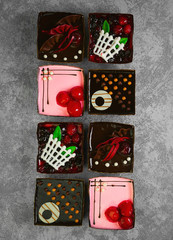 Different pastries tasty assortment. Dessert tray assorted top view background. Cakes, bright, colorful pastry sweets with fresh berries. French Bakery pattern. Flat lay. Blank space. © fserega