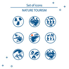 Vectorial clip art style flat design. Icons of tourism in nature, the family goes on a hike, a fisherman in a boat, types of nature: mountains, forest, meadow, coniferous forest, field, sea, lake