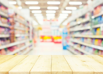 Supermarket or retail store blur background. That is a self-service shop offer grocery and variety of food, beverage and household product on shelf or rack. For shopping background or product display.