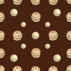 Round candies in white chocolate. Seamless pattern. The dark brown background. Design for textiles, napkins, tapestries, tablecloths, wrapping paper.