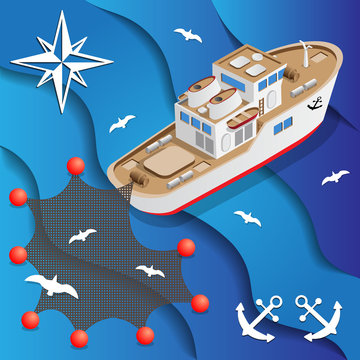 The boat for fishing. Isometric. Vector illustration.
