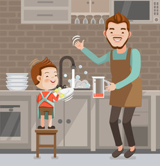  little cute boy washing dishes. Father and son together with  helping.Put on the apron.Family lifestyle concept Characters cartoon isolated On the kitchen background.illustration vector.



