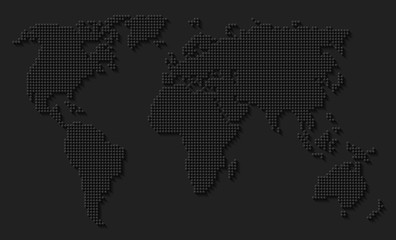 Naklejka premium Abstract world map of dots / circles with long shadow on black background. Illustration
