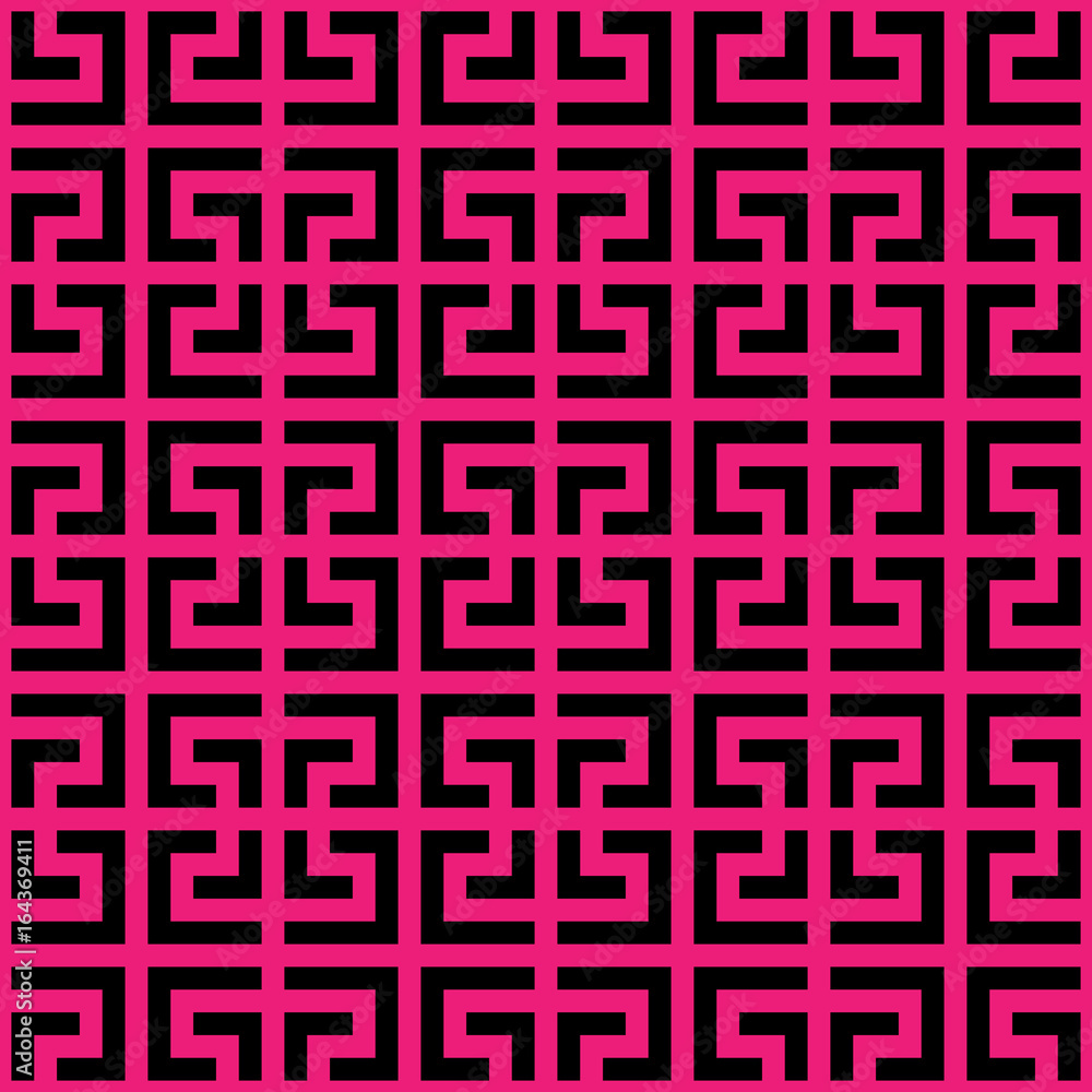 Poster abstract seamless pattern background. maze of black geometric design elements isolated on pink backg